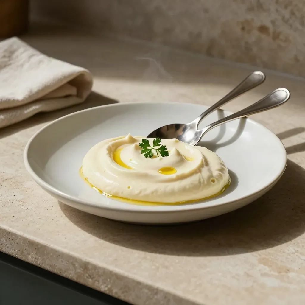 Plato crema con quenelle, gotas de aceite y dos cucharillas sobre piedra clara