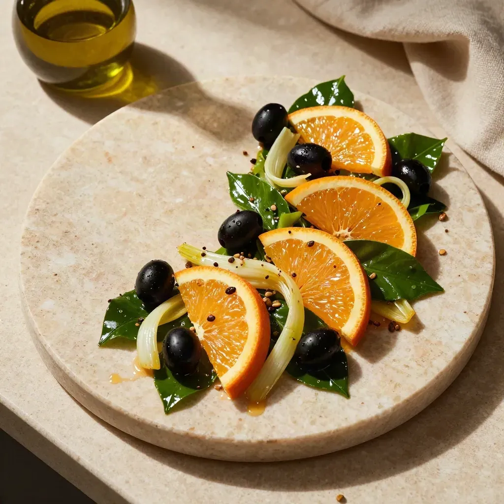 Ensalada templada de naranja con hojas verdes, aceitunas negras e hinojo sobre piedra travertino.