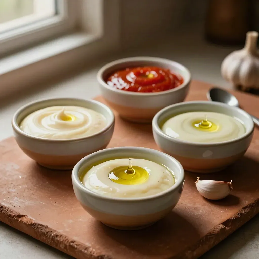 Tres salsas base en cuencos de cerámica con ajo y cuchara, sobre terracota cálida.