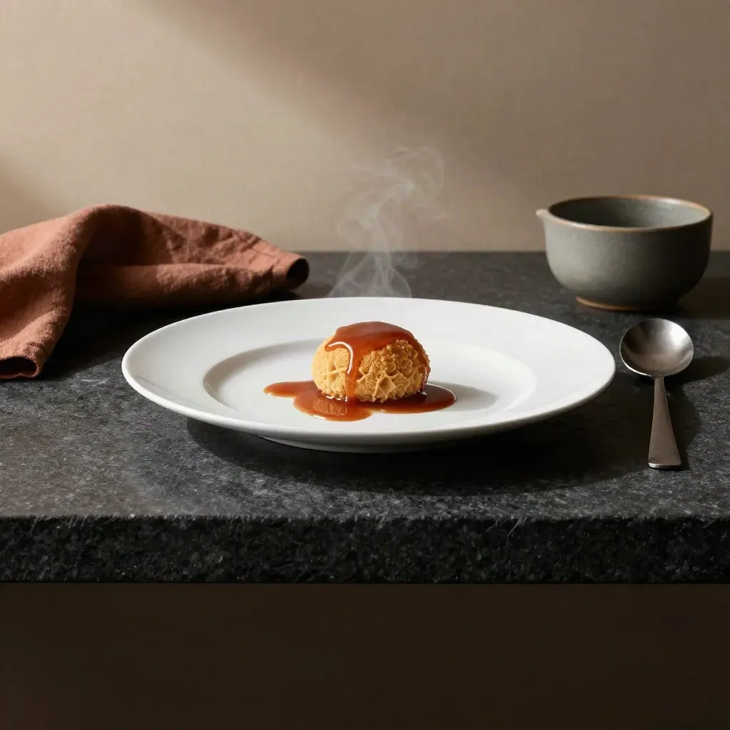 Plato blanco con quenelle, cucharón y salsa sobre piedra oscura.
